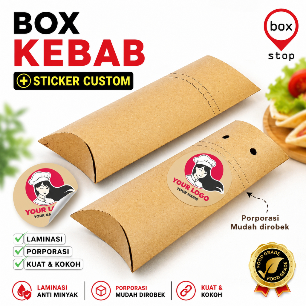 Paket Combo Box Kotak Dus KEBAB + Stiker Logo Custom (50 Set)