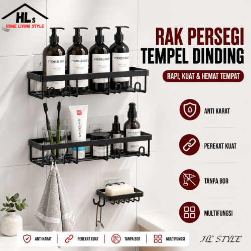 HLS Rak Persegi Jumbo Rak Kamar Mandi Tempel Dinding Rak Besi Serba Guna