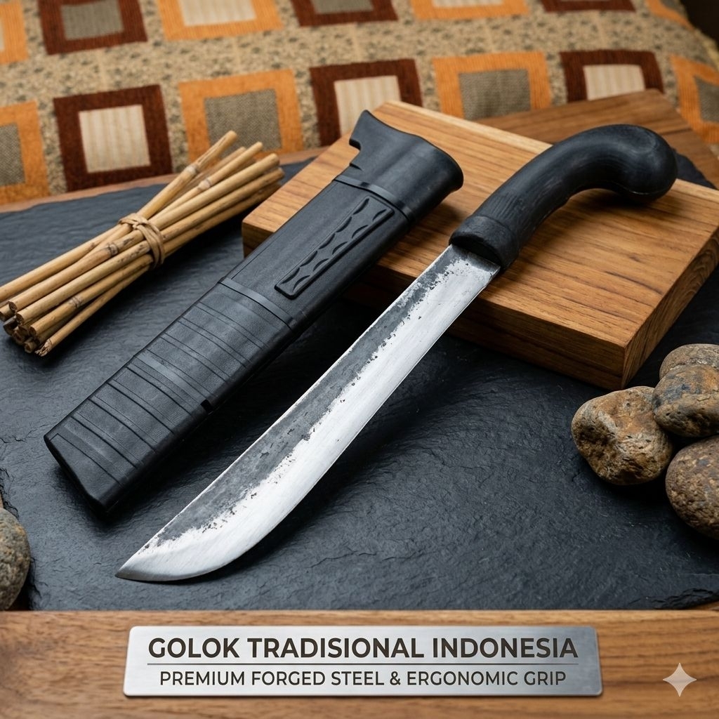 Golok Tradisional Gagang Karet Premium - Pisau Patimura Serbaguna Baja Tempa Plus Sarung Golok Tradi