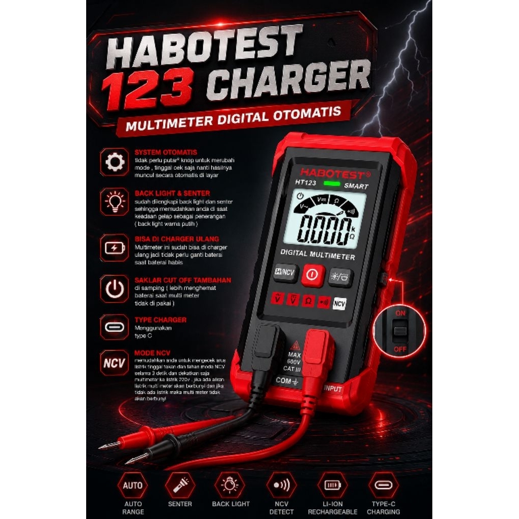 HABOTEST HT 123 MULTIMETER DIGITAL OTOMATIS CHARGER