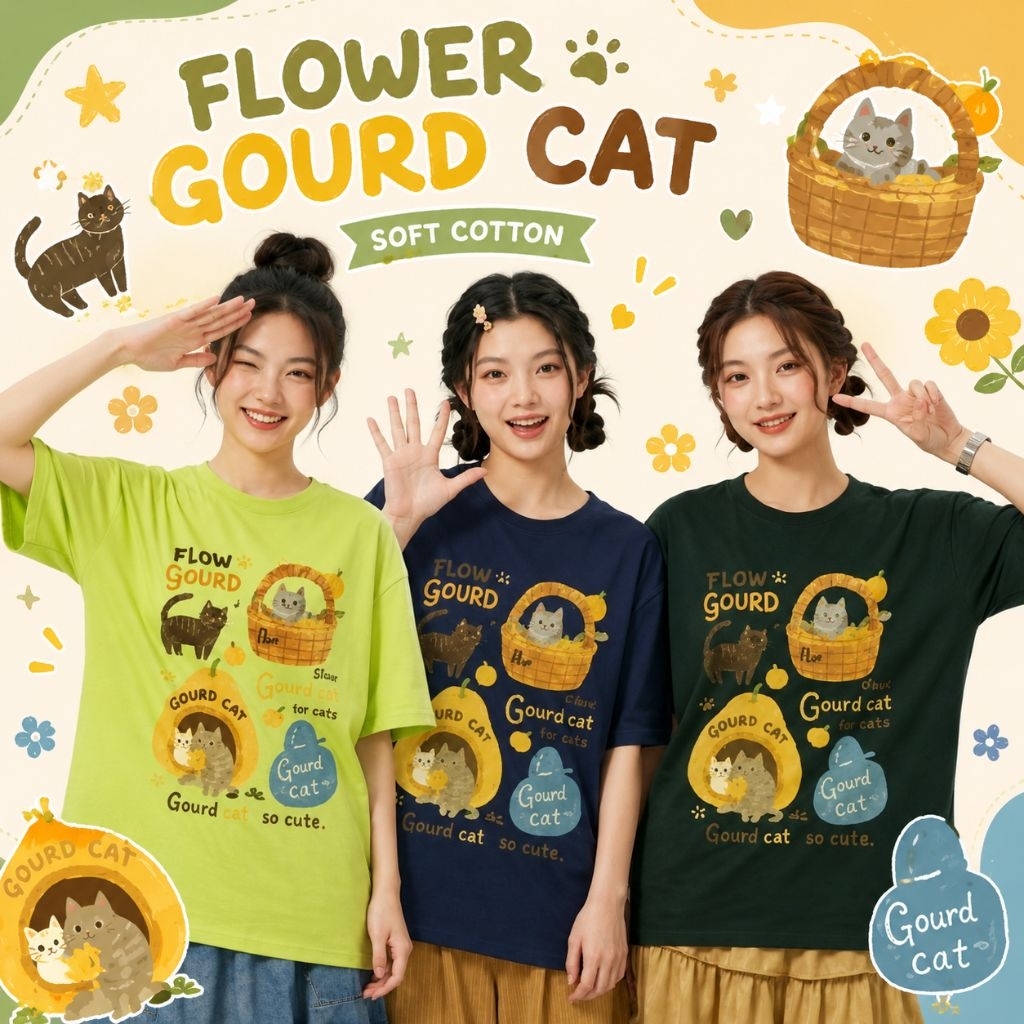 Kaos kucing gourd cat size anak -  Oversize Wanita / Kaos Kartun Lucu Cewek Cute / Kaos Family Set K