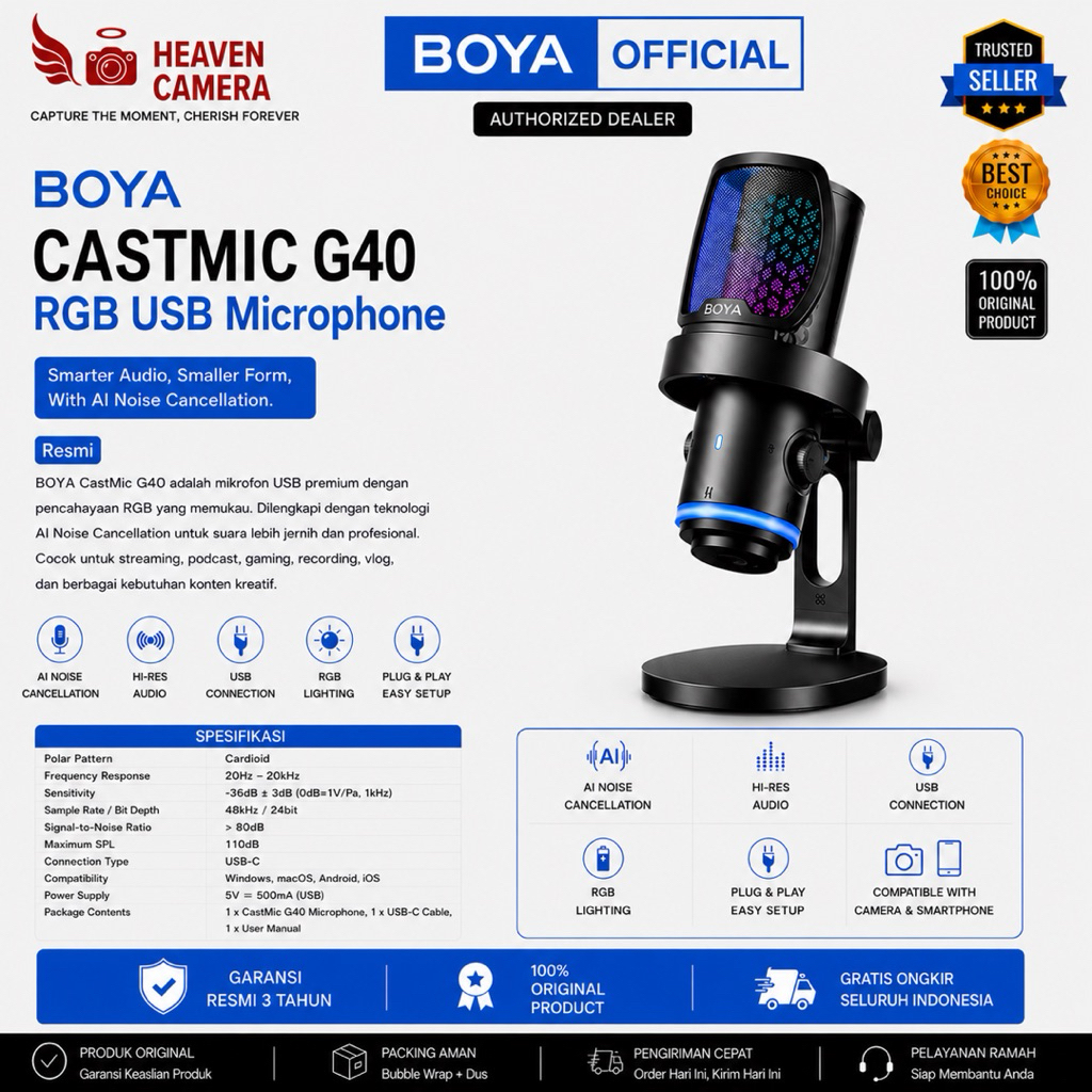 BOYA CastMic G40/G40B RGB USB Gaming Microphone Noise Cancellation Podcast Streaming Mic for PC Lapt