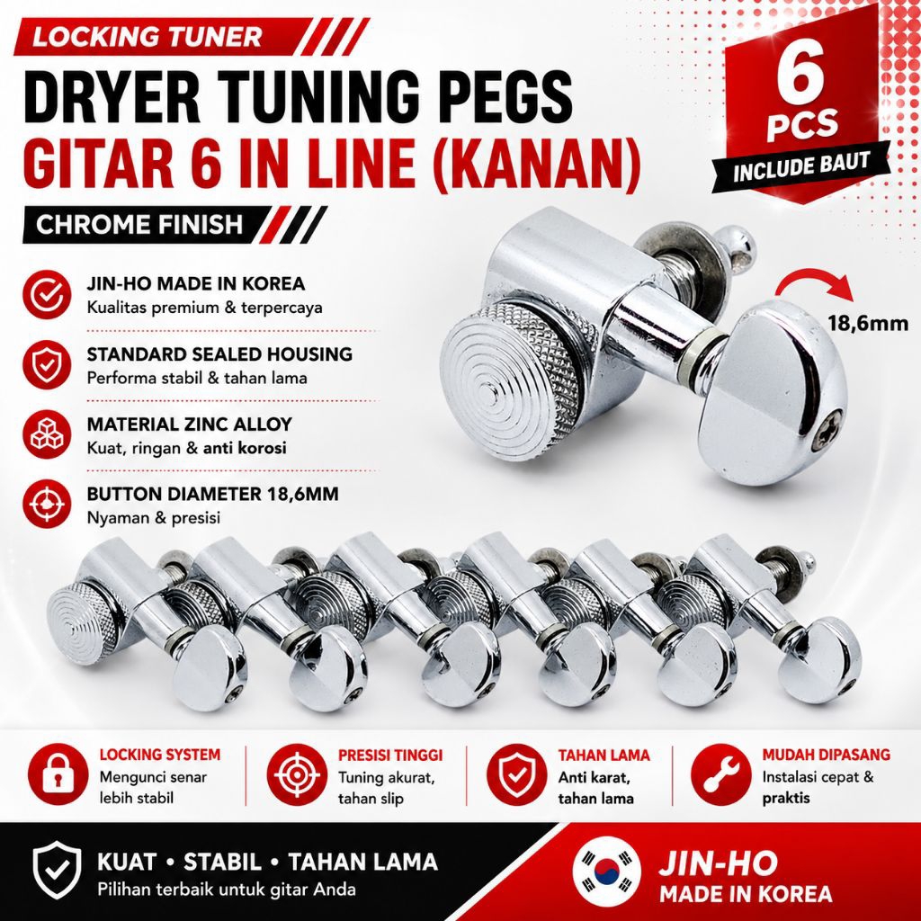 Dryer Gitar Tuning Peg Locking Tuner 6R in Line Kanan Sejajar Chrome