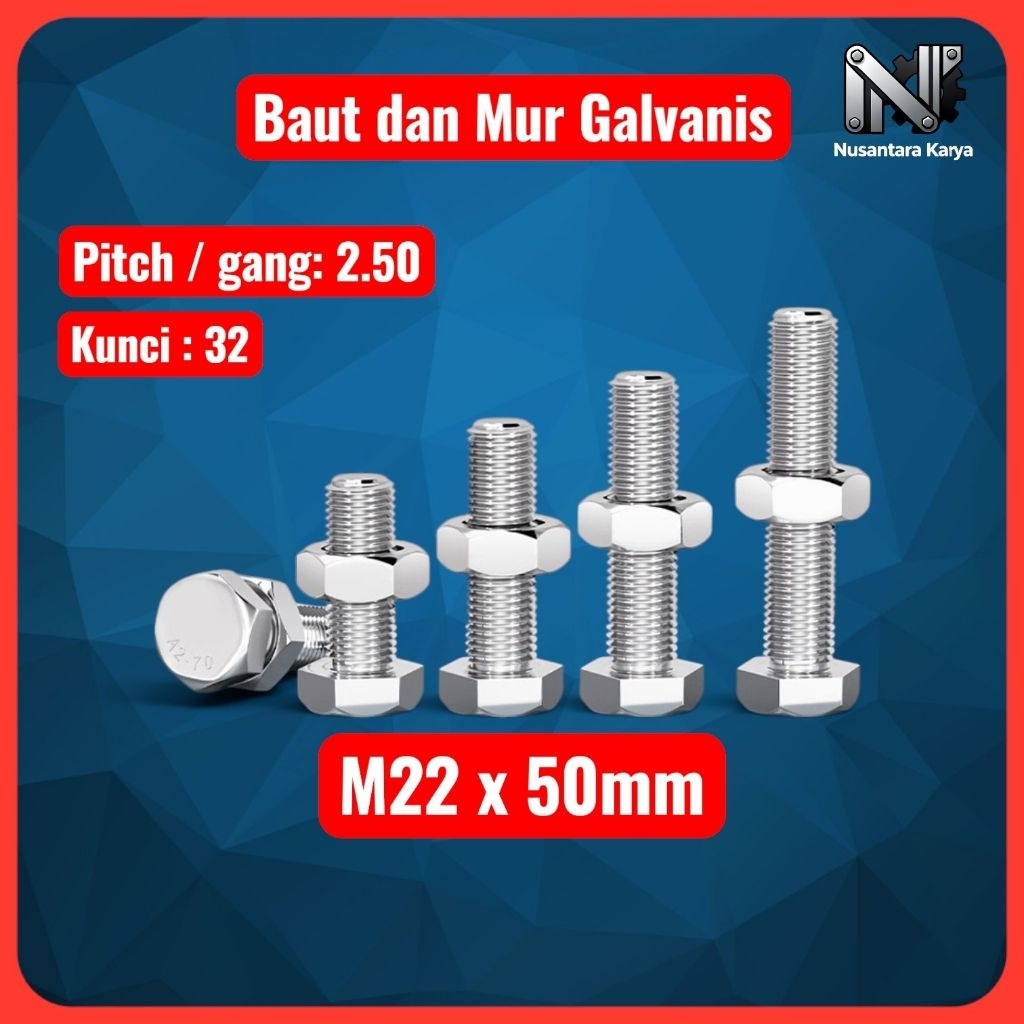 Baut mur Hex putih / Baut Mur Galvanis M22 x 50mm