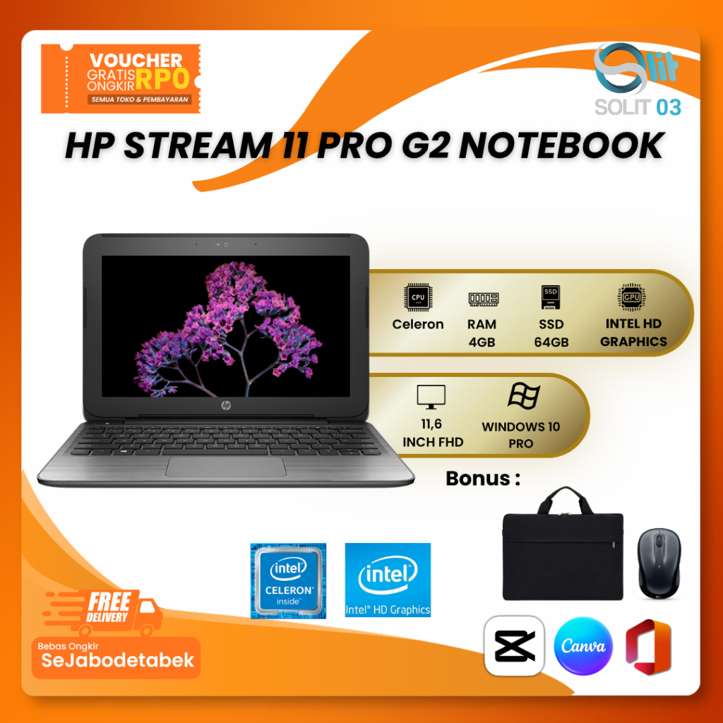 HP Stream 11 Pro G2 Celeron SSD 64GB RAM 4GB 11 Inch Windows 10 Pro Ringan Siap Pakai Bergaransi – L