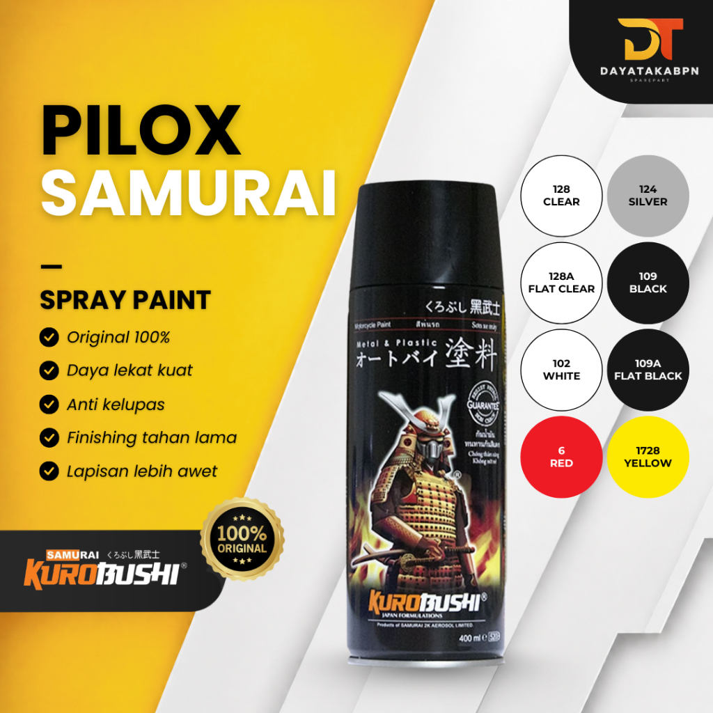 Cat Pilox Samurai Spray Paint 400ML | Clear, Clear Doff, Putih, Hitam, Hitam Doff, Silver, Kuning, M