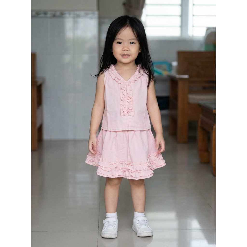 XIAO XING XING Setelan Anak Perempuan Ruffle Bella| Baju Anak Cewek Lucu Atasan rok 1-4 Tahun"