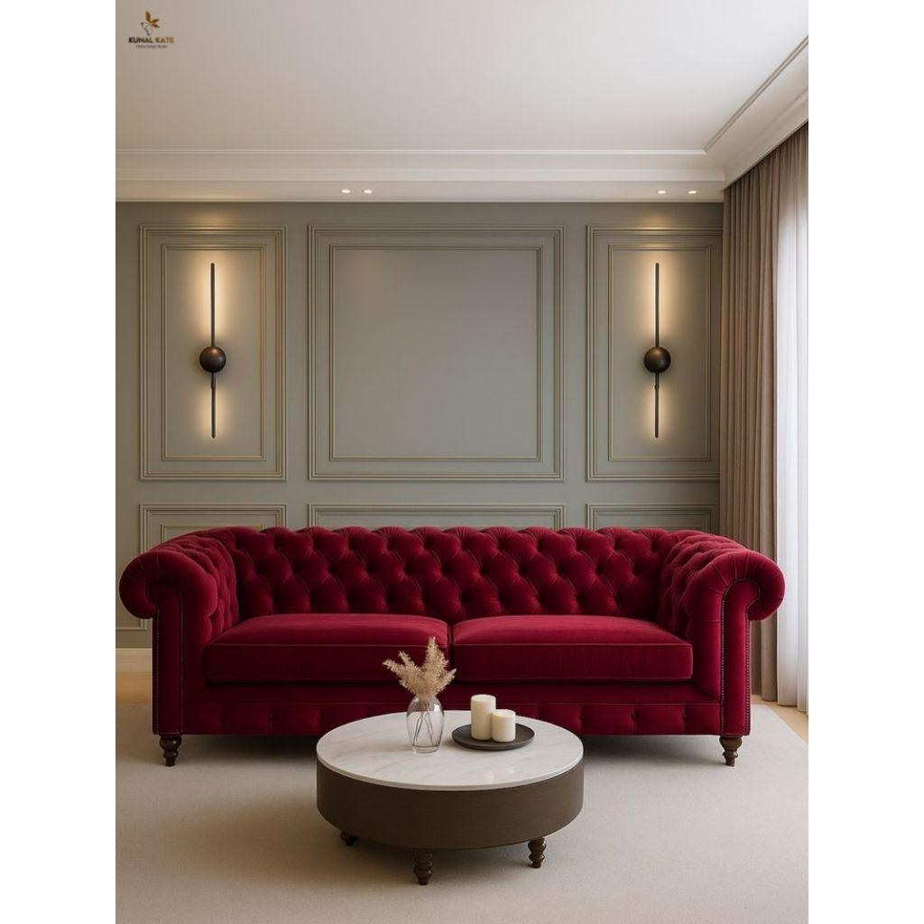 Sofa Tamu Chesterfield Bludru Merah Maroon Aesthetic Luxury Classic