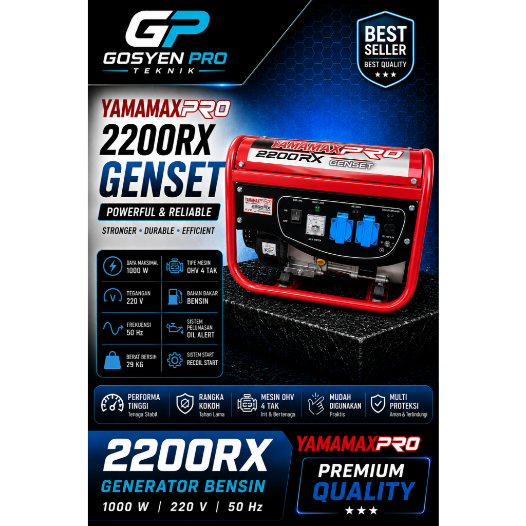 GENSET BENSIN / PETROL 4 TAK RECOIL STATER YAMAMAX PRO 1000 W 220V 50HZ MERAH RUBICON 2200RX PREMIUM
