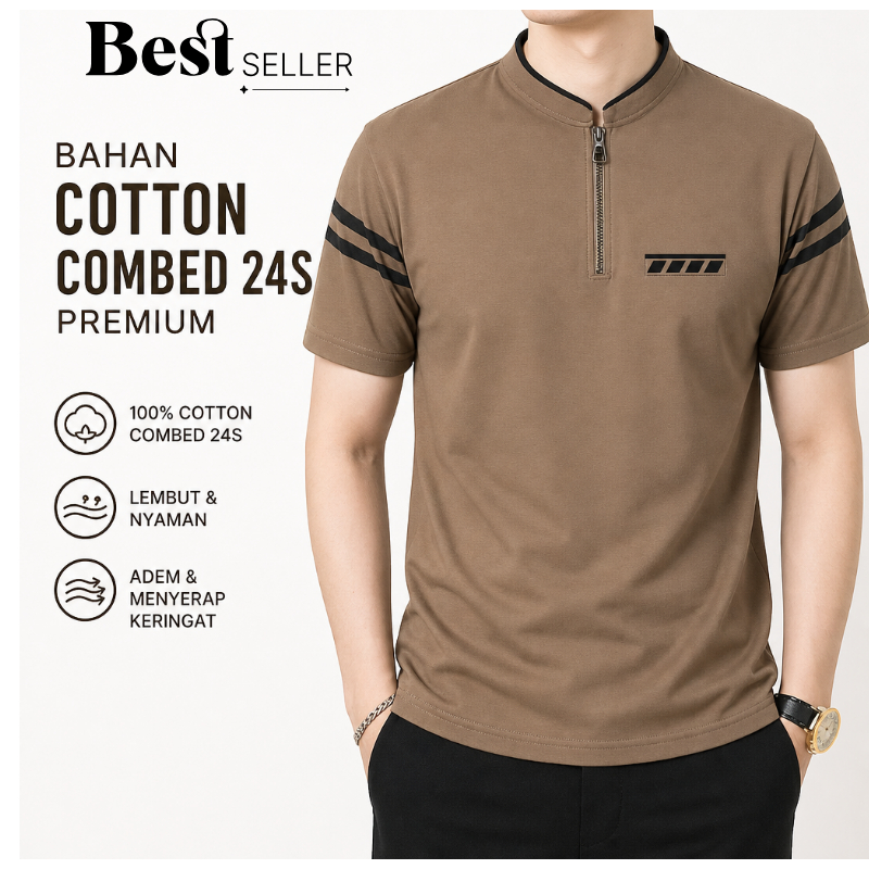Kaos Pria Kerah Shanghai Saku Polet Lengan Garis Sleting - Kaos Pria Distro Premium Motif Model Zipp
