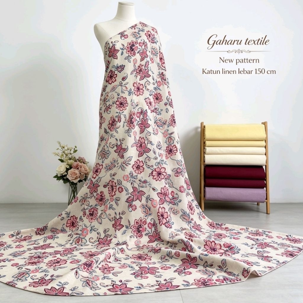 bahan katun linen premium - katun linen motif flower - katun linen meteran - linen uniqlo