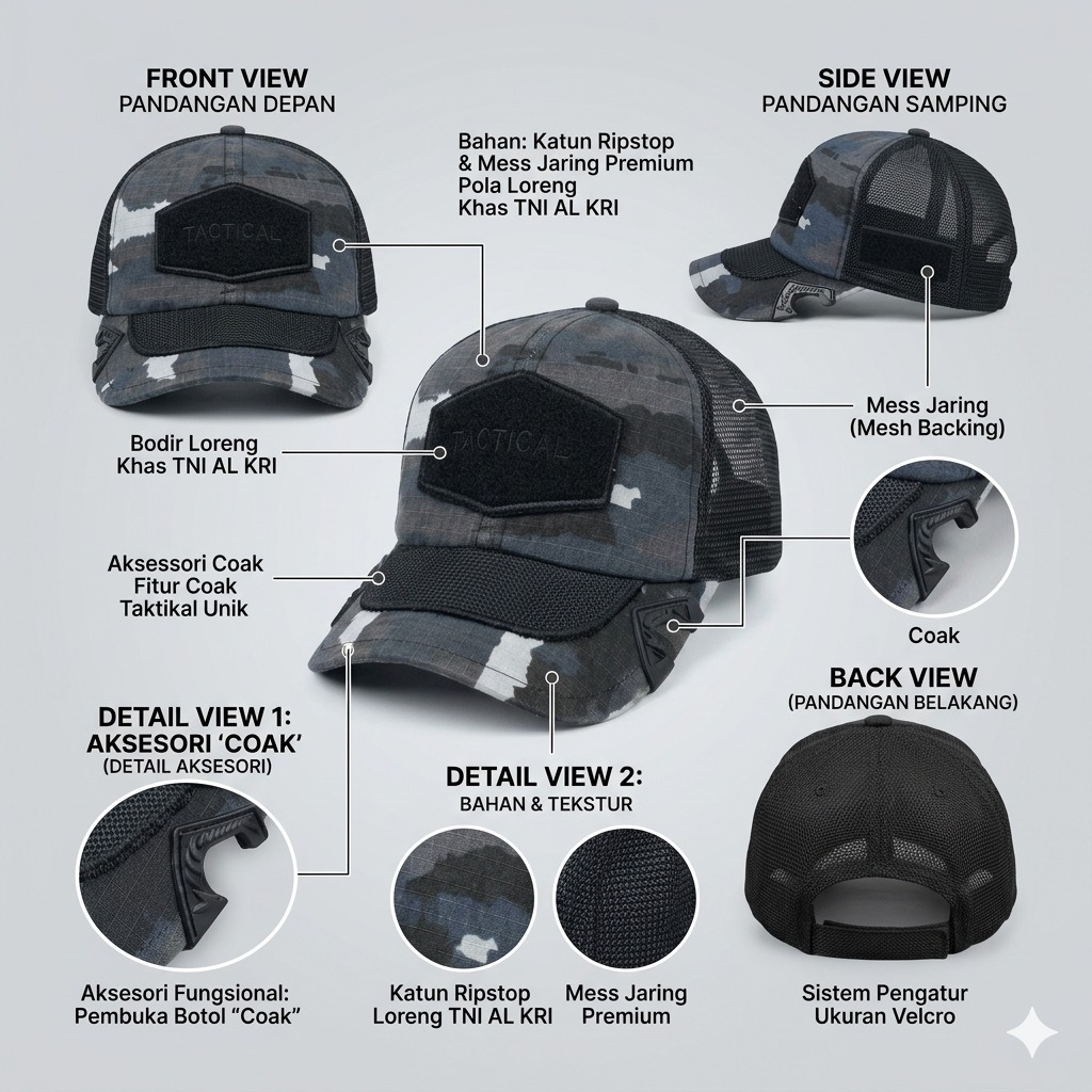 Topi Tactical Coak Loreng TNI AL KRI - Premium Ripstop & Mesh Jaring Original