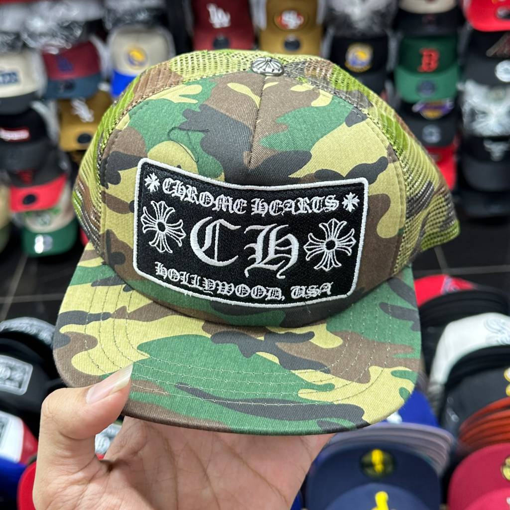 CHROME HEARTS CAMO Embos 3D Hat - Topi Trucker Pria Premium  | Topi Jaring Nyaman Dipakai Bordir
