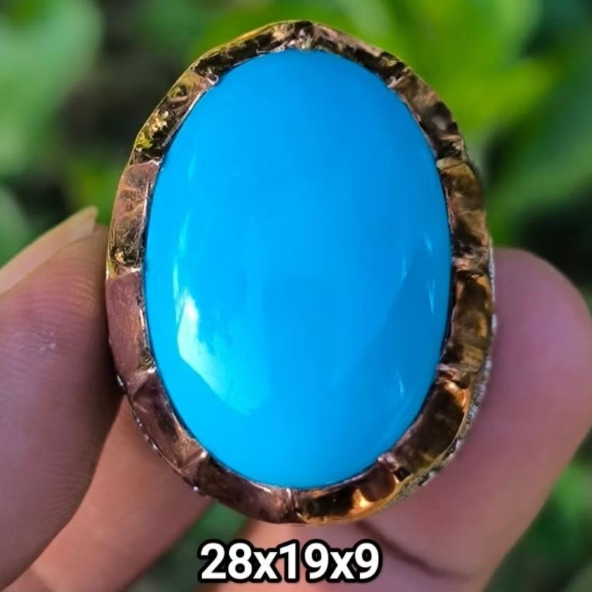 Cincin Pirus Persia Biru Polos – Dimensi Jumbo 28mm, Ring Kuningan Sari Chrome Mewah