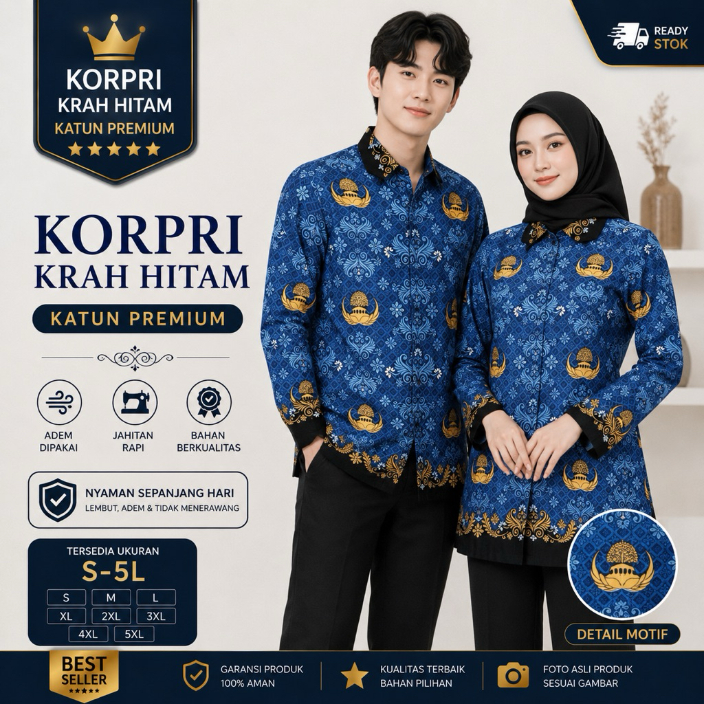 Seragam Korpri Krah Hitam lapis Furing Hero Resmi PNS | Kemeja Batik Korpri Pria Wanita | Baju Batik