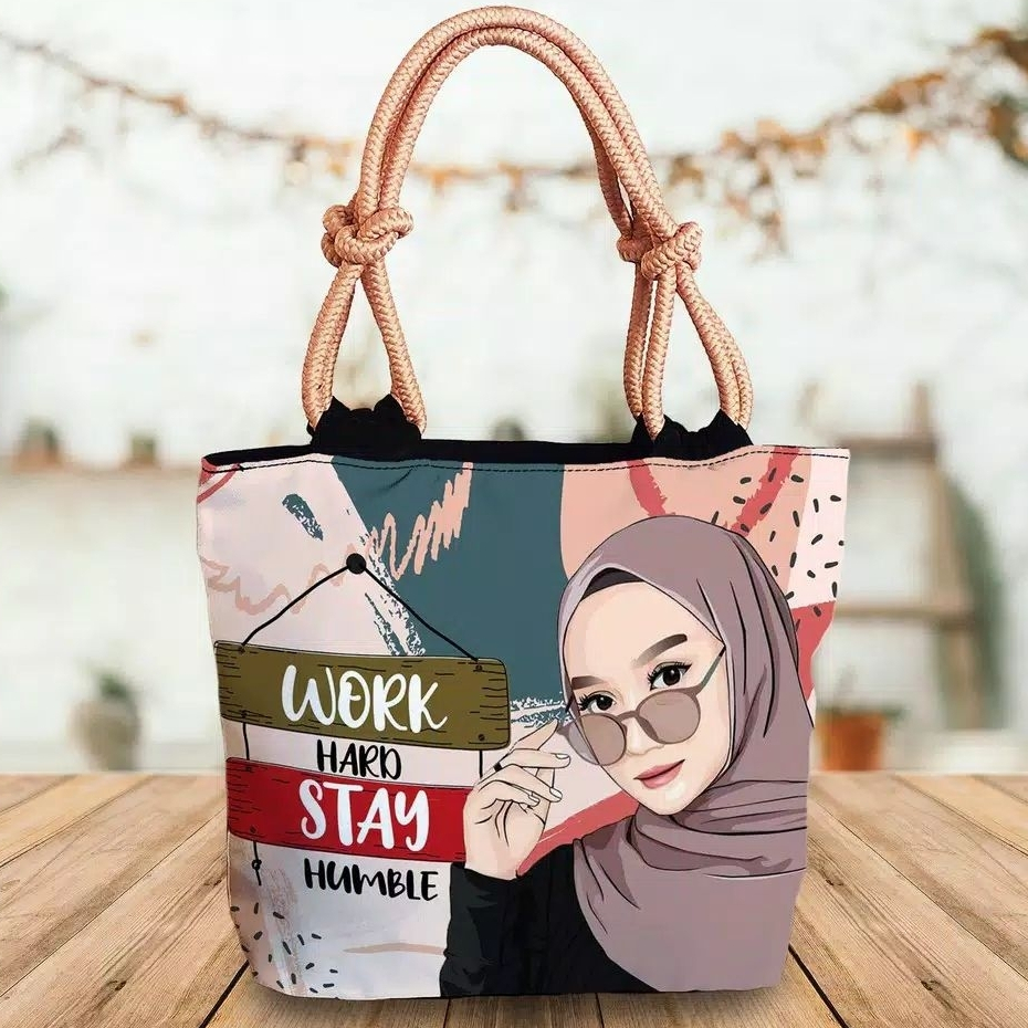 Tas tote bag tali sumbu kanvas/ karakter hijab
