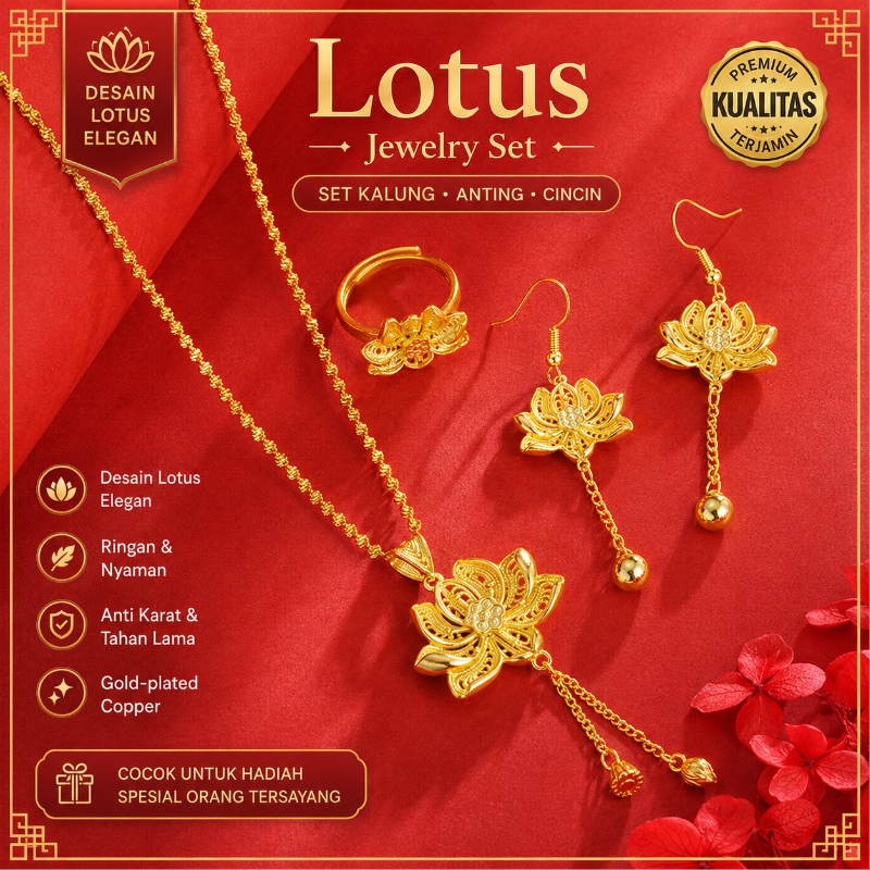 Set Kalung Lotus Wanita Gold Plated 45cm Motif Bunga Teratai Premium Elegan