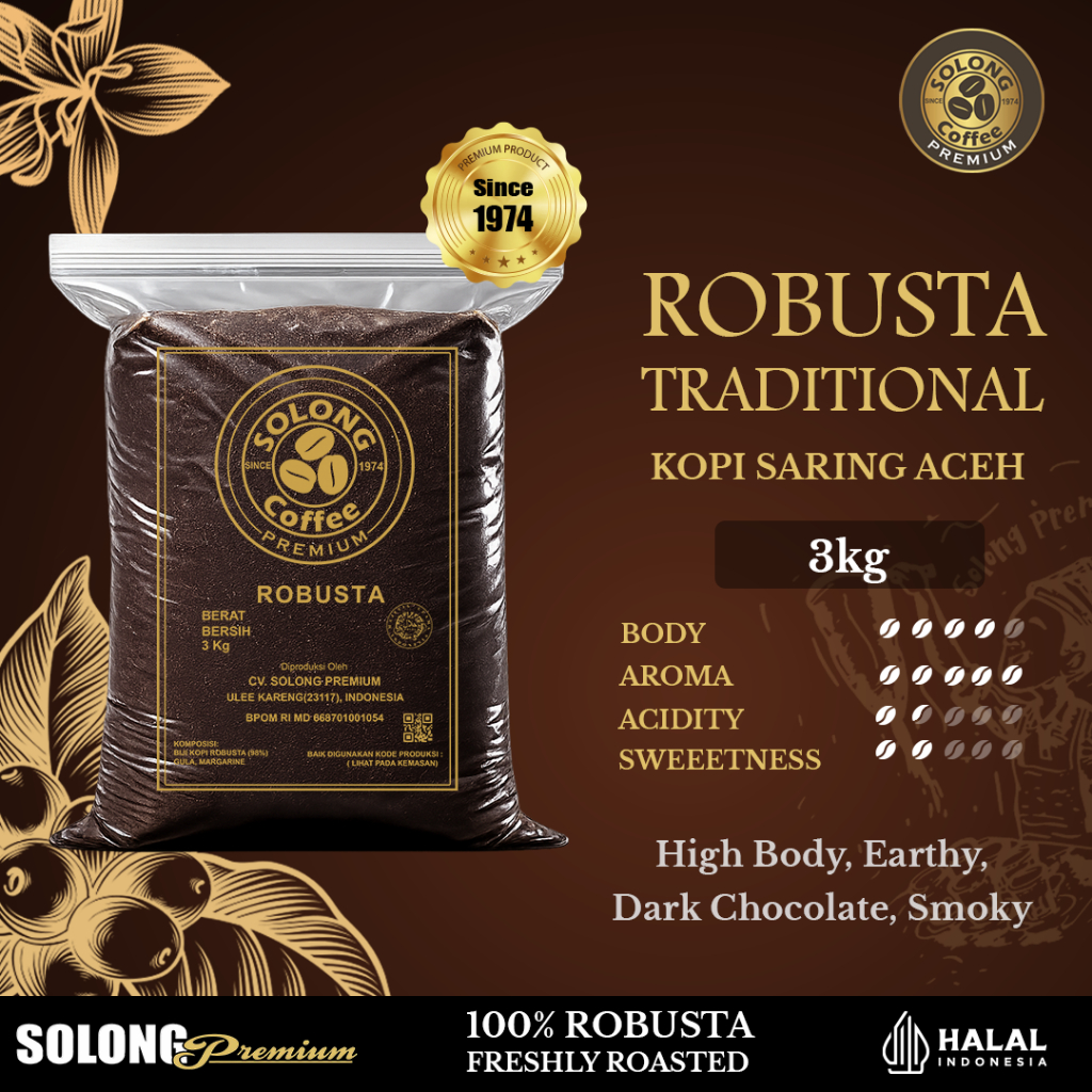 SOLONG PREMIUM Kopi Robusta Aceh 3 Kg Bubuk Kasar (Kopi Saring) - Kemasan Plastik
