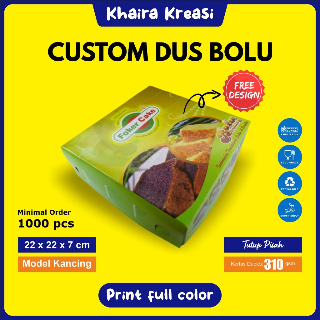 Cetak Custom Dus Bolu / Cake Box / Kotak Bolu / Ukuran 22x22x7 cm (Tutup Pisah) Minimal 1000 Pcs