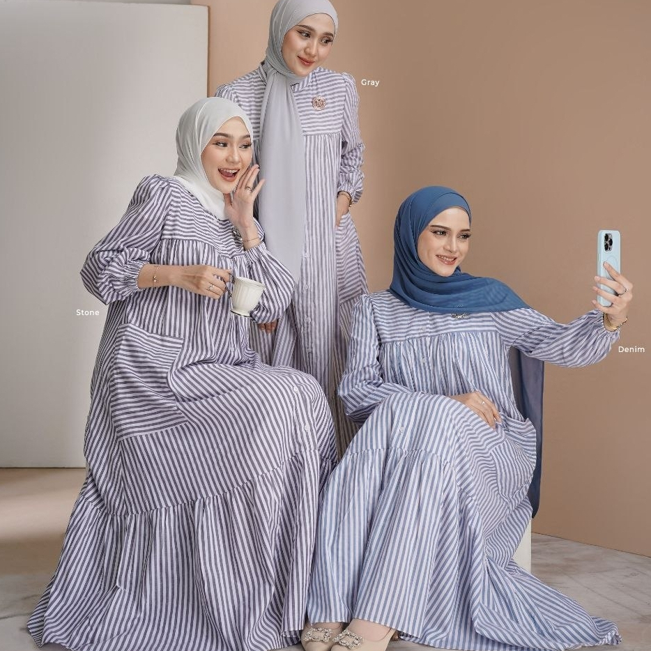 GRACELLYN MIDI DRESS -- Dress gamis simple garis garis rayon by Nadheera Luxury