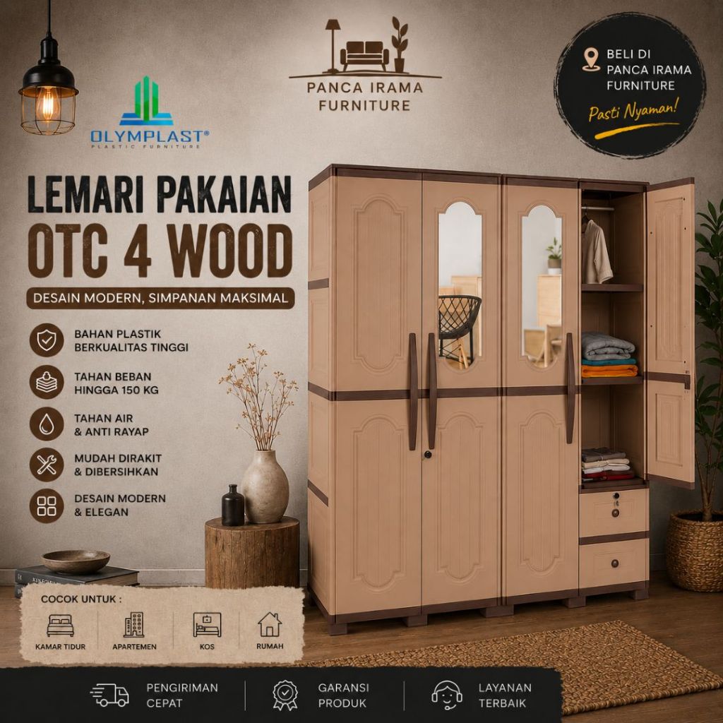 LEMARI PAKAIAN PLASTIK 4 PINTU OLYMPLAST OTC WOOD 4P