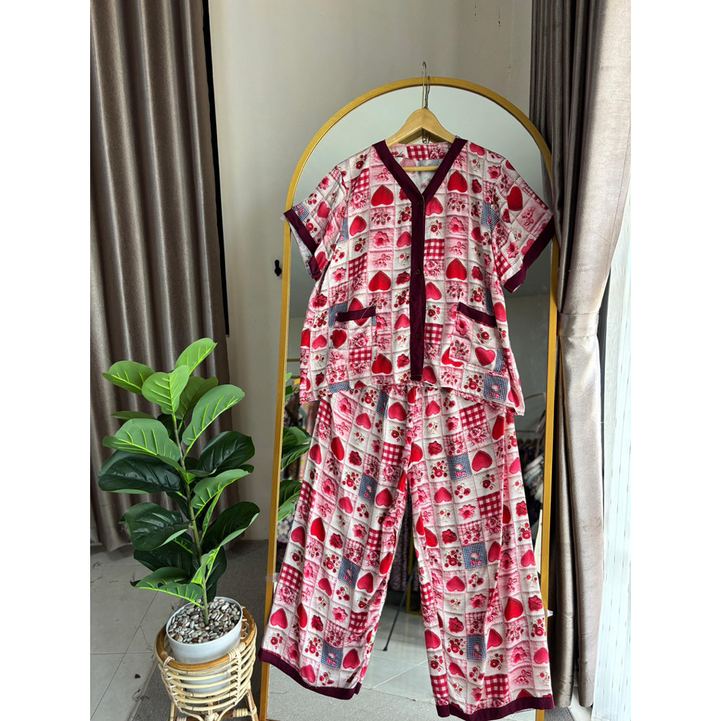 ONE SET V KOMBI PENDEK CELANA PANJANG PIYAMA RAYON JUMBO BUSUI GROSIR DASTER RAYON JEMBER PAJAMAS RA