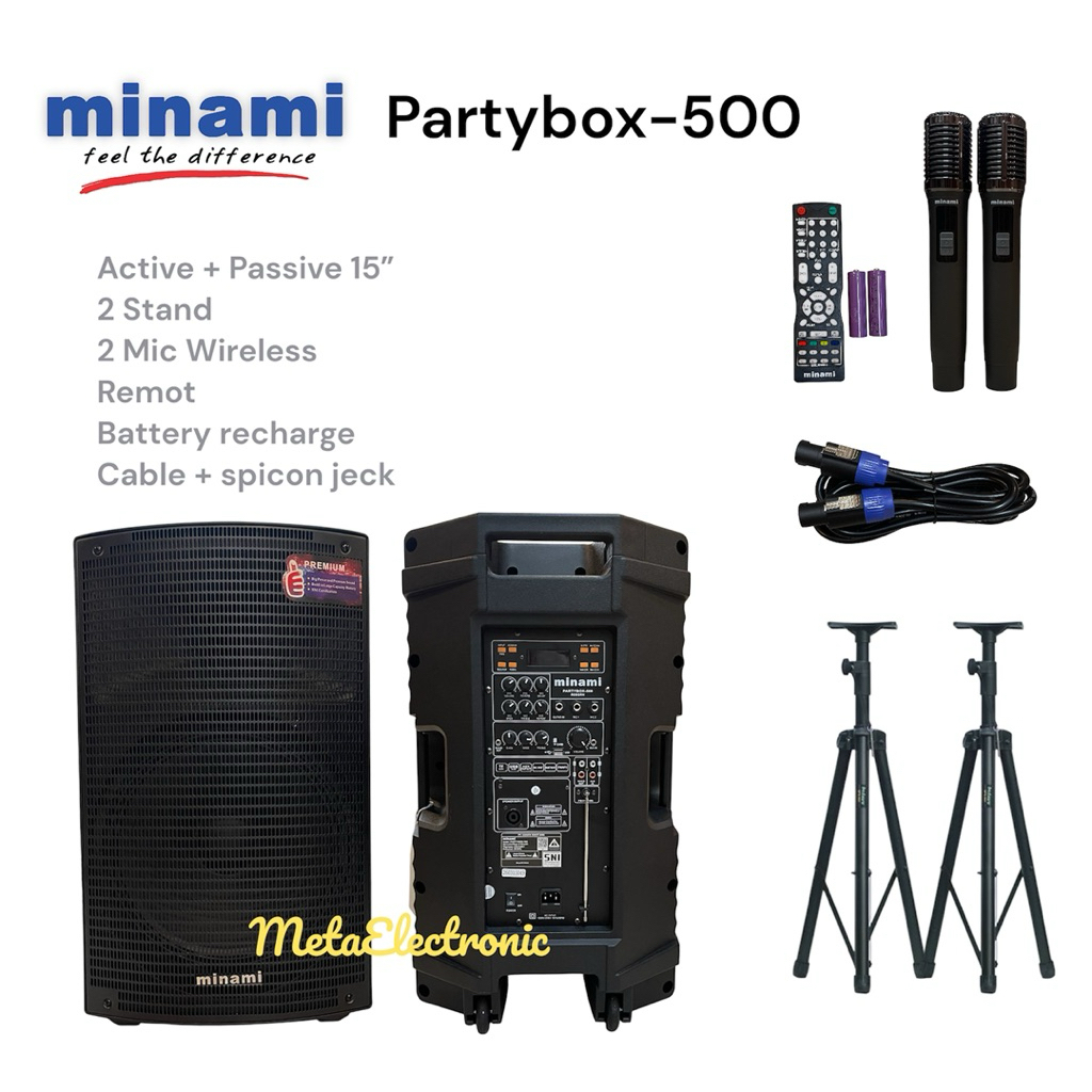 Speaker Partybox-500 Reborn Minami Aktif + Pasif 15” + 2 mic + 2 stand
