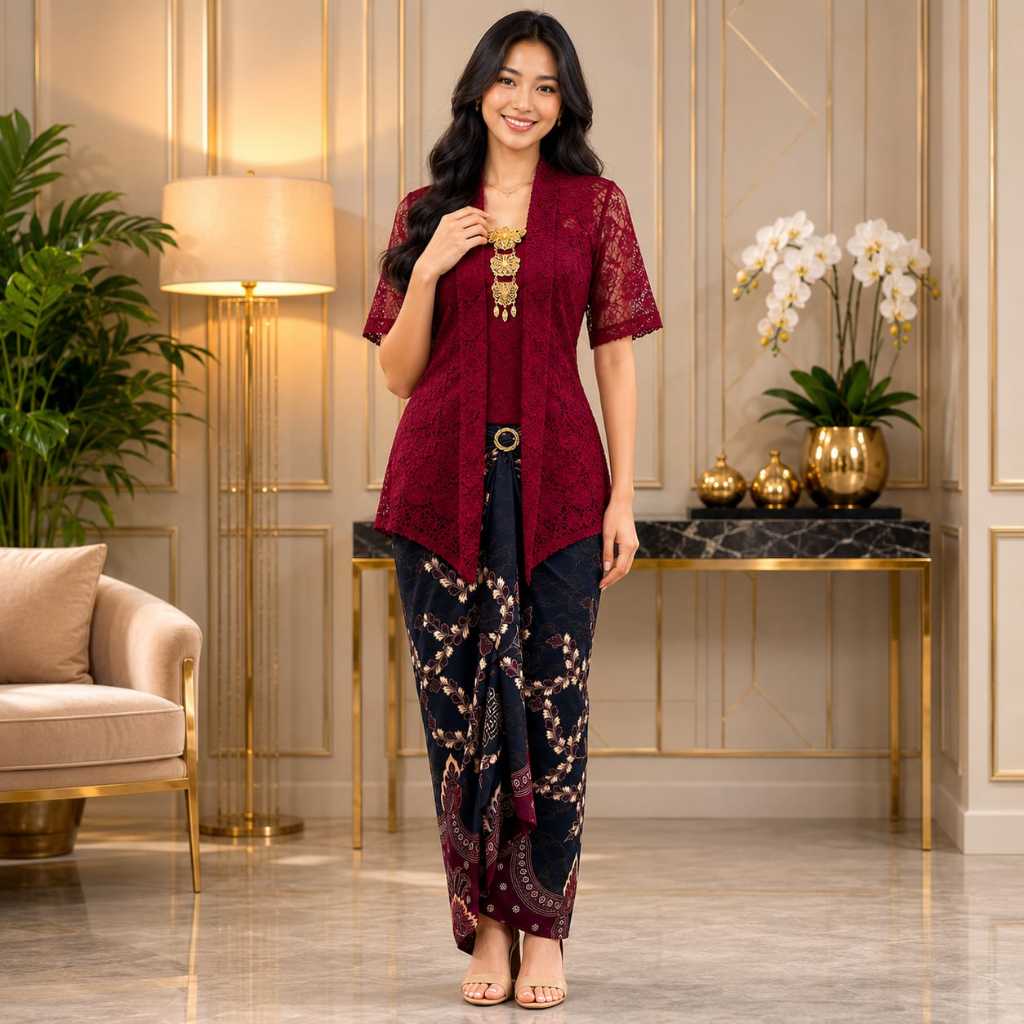 Kebaya Brokat Wanita Lengan Pendek Model Bet Lilit Tumpuk