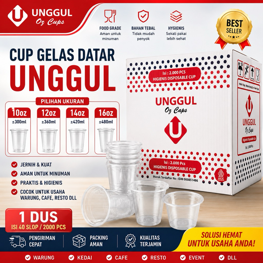 (1 DUS) CUP GELAS DATAR UNGGUL 16Oz 14oz 12oz 10oz | GELAS POP ICE - CUP MIE GELAS - GELAS JUS