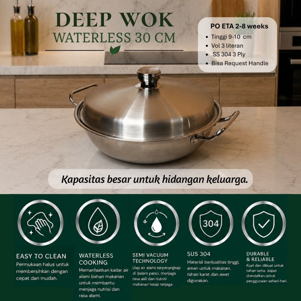 BIMA DEEP WOK WATERLESS 30 CM FULL SS 304