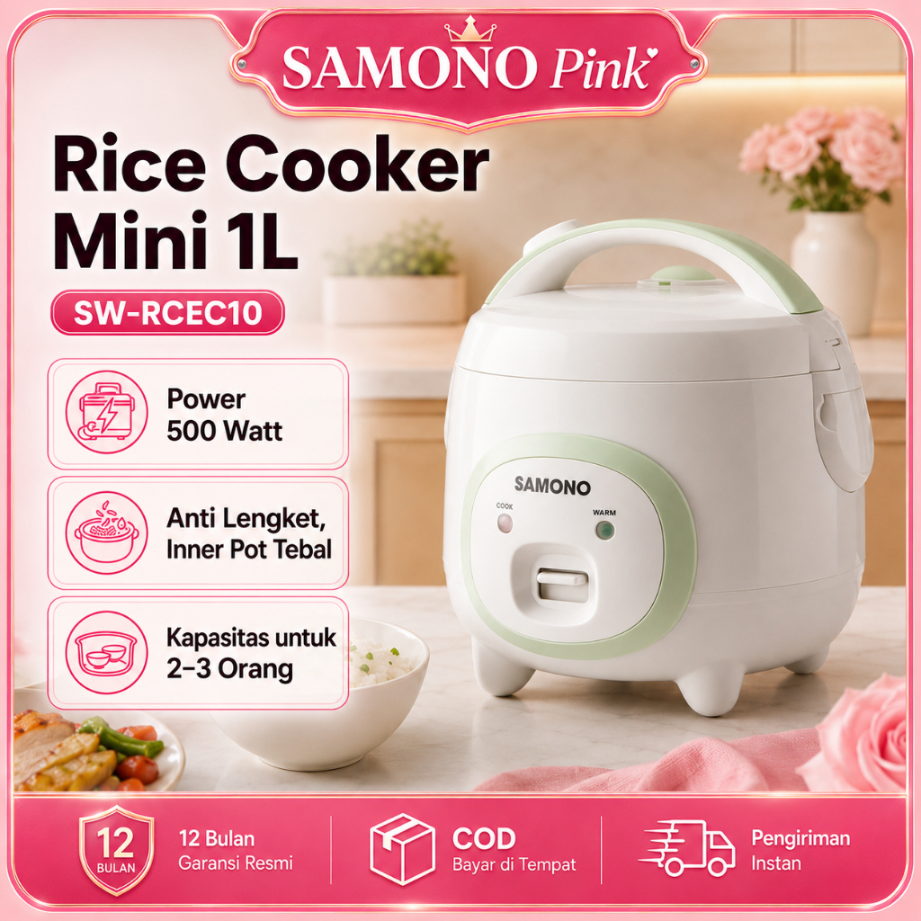 SAMONO Rice Cooker Mini 1 Liter SW-RCEC10 Low Watt 500W Inner Pot Anti Lengket Food Grade Dengan Kuk