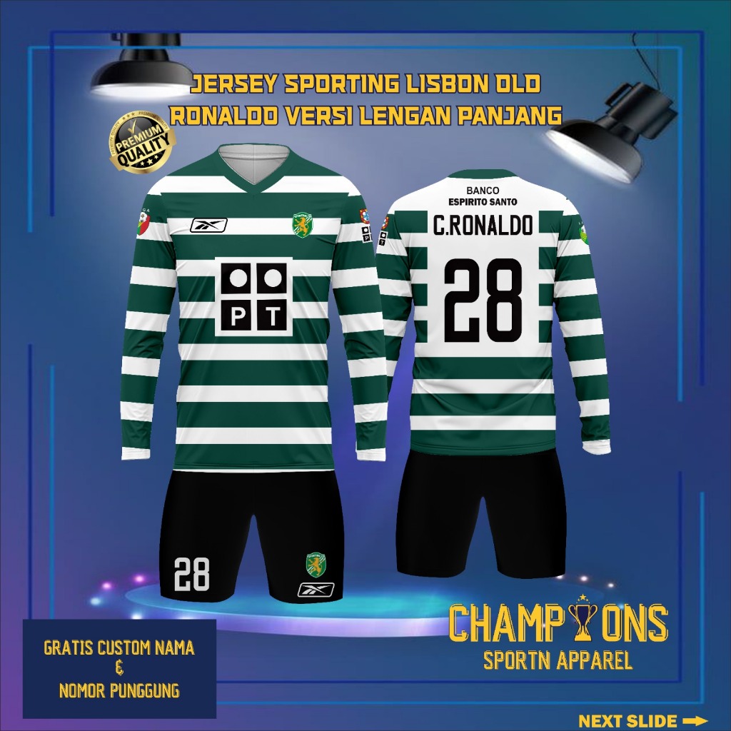 Jersey Sepak bola custom SPORTING LISBON OLD RONALDO Lengan Panjang  – Full Printing Dryfit Milano |