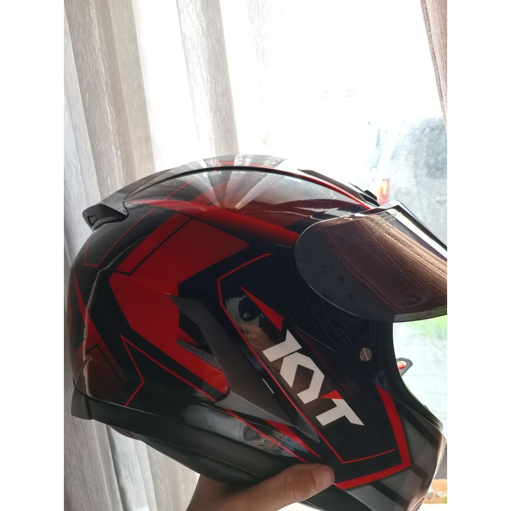 Helm KYT Falcon 2 Motif Armour Black Red Fluo Helm Fullface Double Visor - Ukuran M