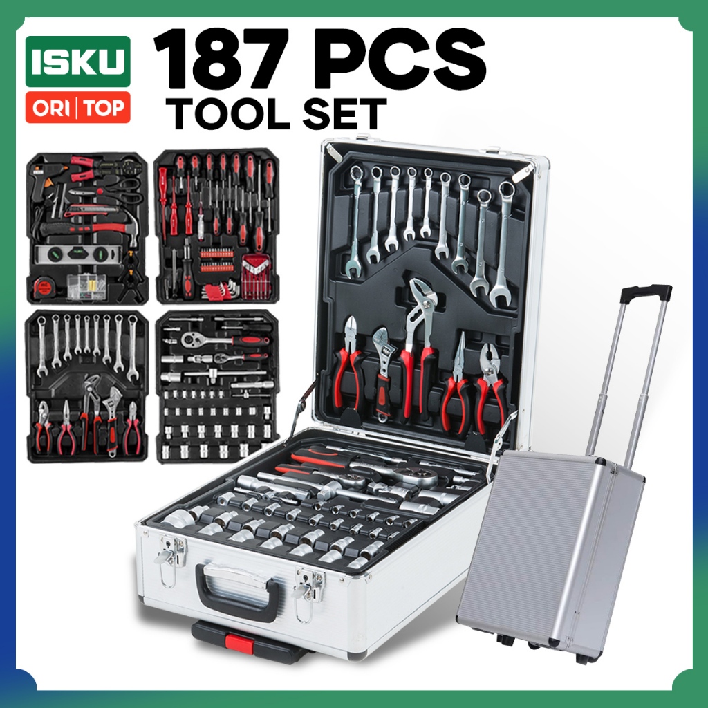 ISKU Tool Kit Set 187 Pcs Koper Troli Aluminium Perkakas Bengkel Mekanik Rumah Tangga Lengkap Kunci 