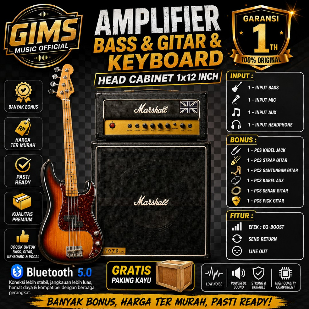 Ampli Bass & Gitar 12 Inch Bisa Untuk Karaoke 3 Input Head Cabinet Plus Input Mic Ada Efek Distorsi 
