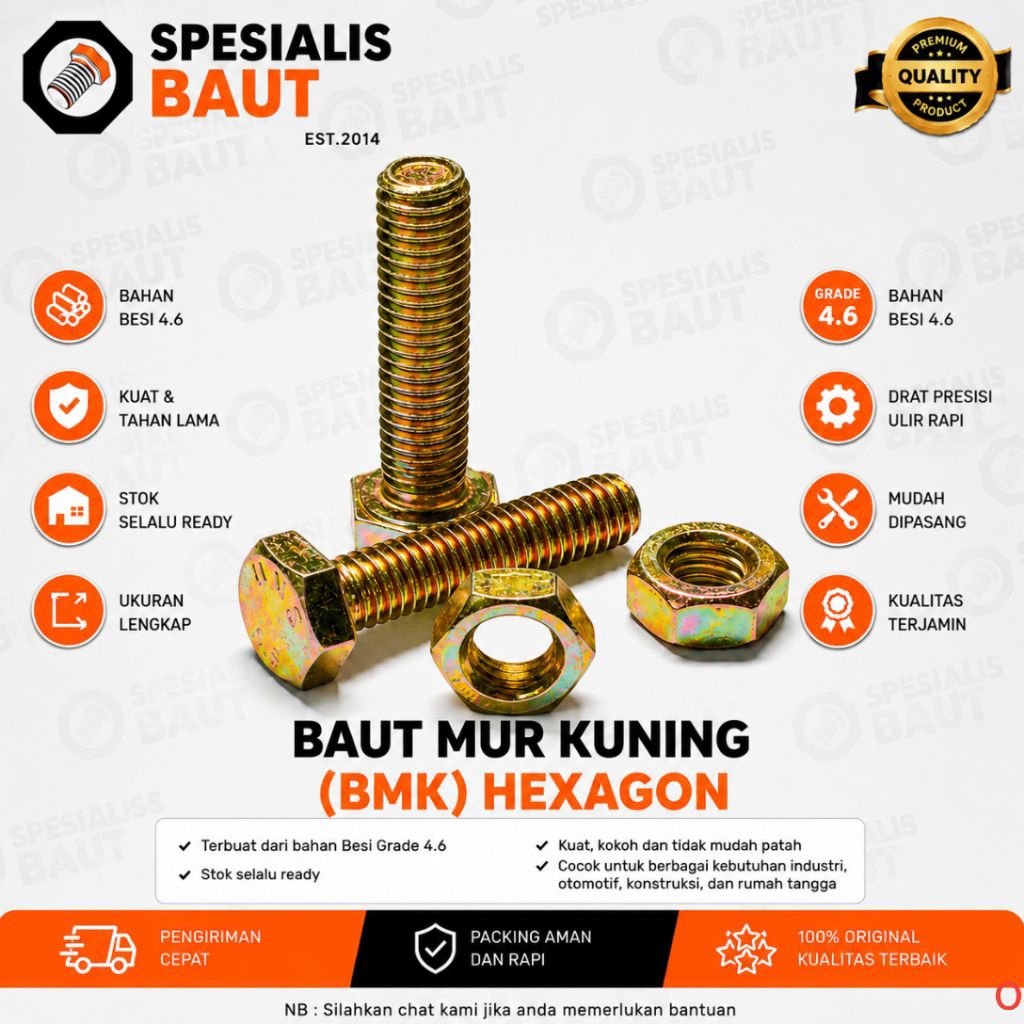 (BMK) M8x70 / 7 cm Kunci 12 Baut Mur Kuning Hexagon