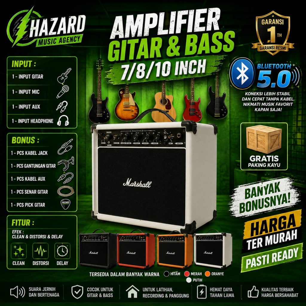 Ampli gitar & bass 8 Inch 3 input bluetooth bisa untuk karaoke ada efek distorsi delay