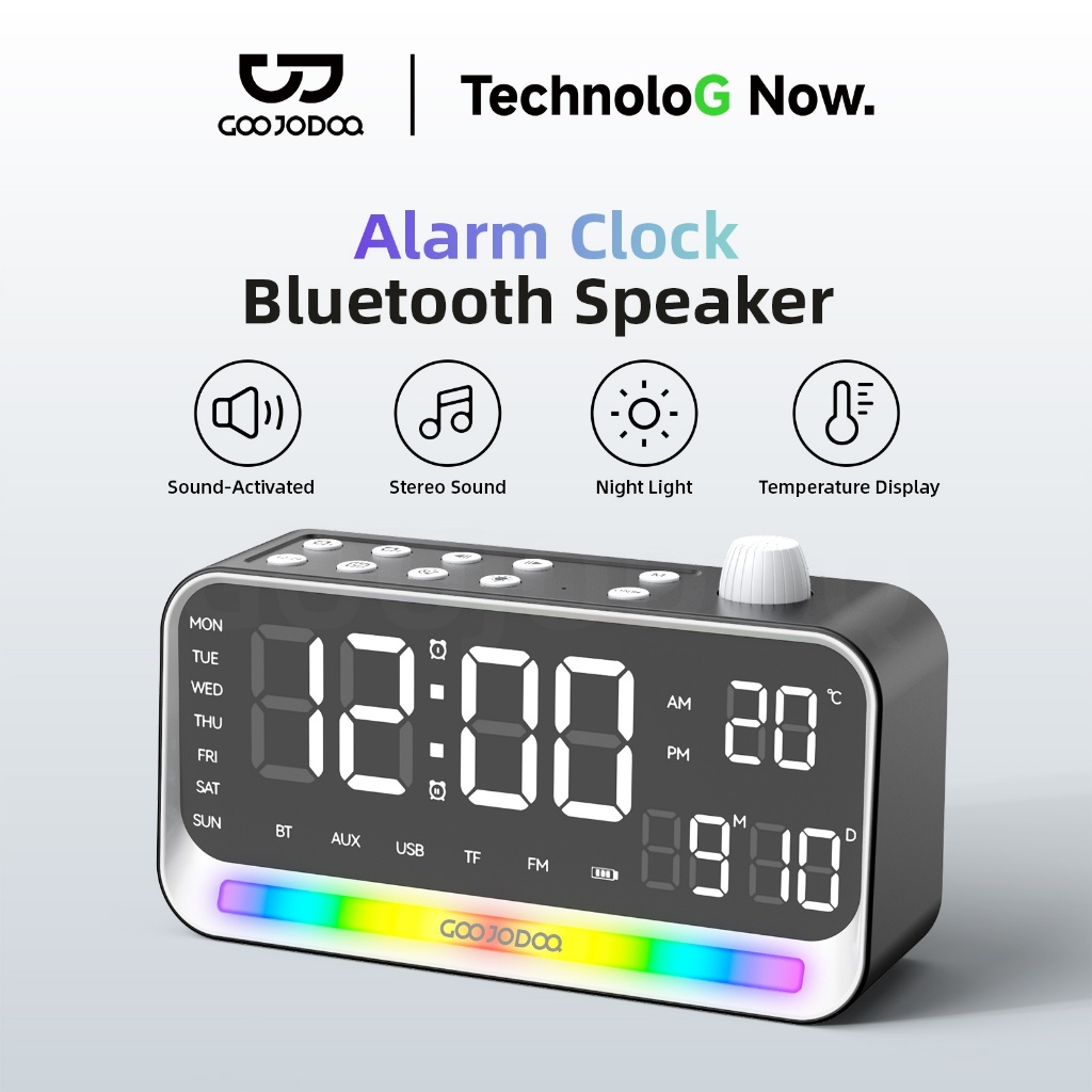GOOJODOQ Alarm Clock Bluetooth Speaker Sound-Activated Display 4 Playback Modes and FM Radio Long-La