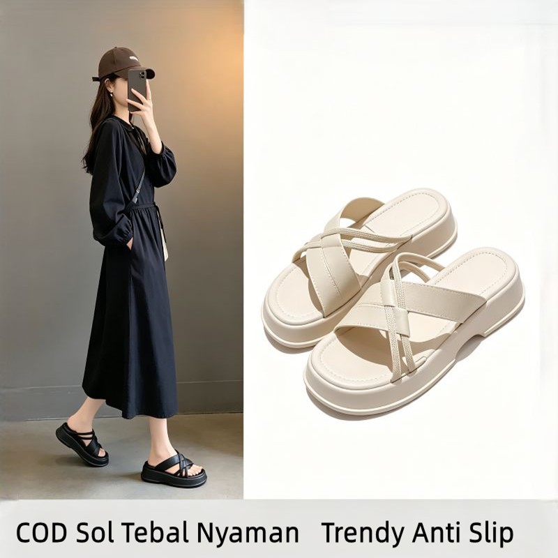 [COD] Sandal Wanita Tebal Model Terbaru - Sendal Selop Wanita Tali Silang Sol Empuk Anti Slip Nyaman