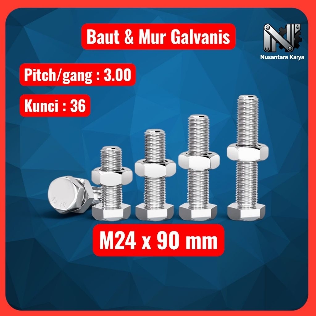 Baut mur Hex putih / Baut Mur Galvanis M24 x 90mm