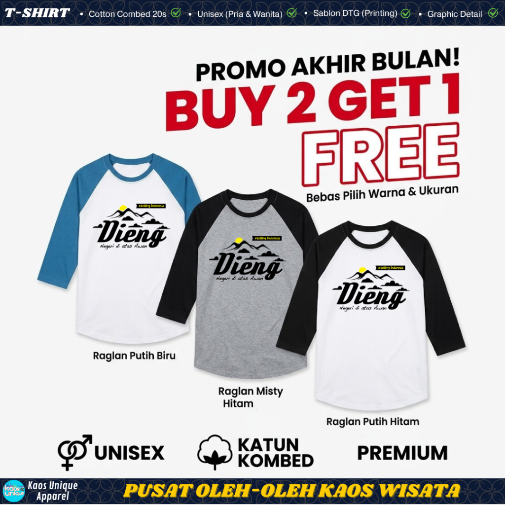 [BUY 2 GET 1] Kaos Raglan 3/4 Souvenir DIENG - Putih Premium Combed 20s Tebal - Baju Liburan Keluarg