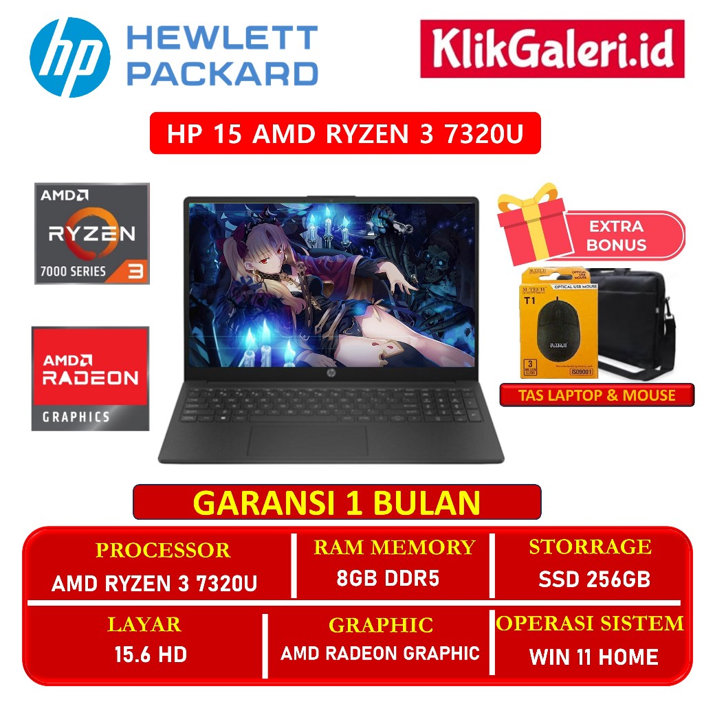 HP 15 Laptop AMD Ryzen 3 7320U 8GB DDR5 256GB SSD 15.6" Win11 Home Black - Ex Display