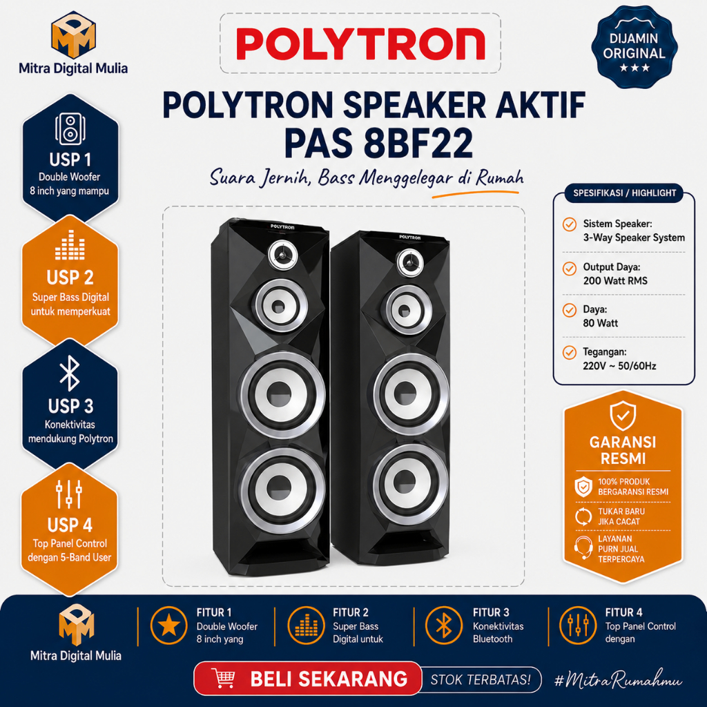 Polytron PAS8BF22 Speaker Aktif Bluetooth Double Woofer 8 Inch 200 WRMS Super Bass Recording USB Sou