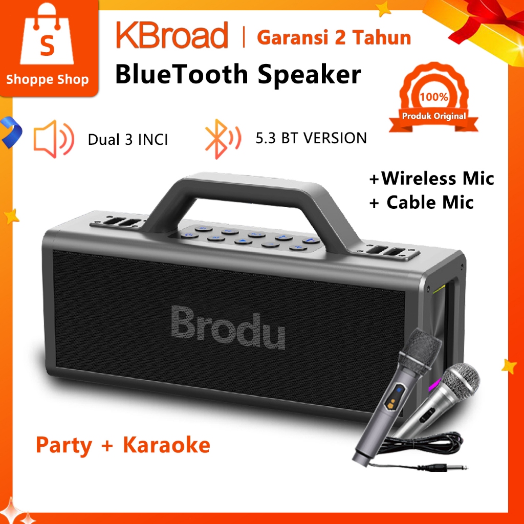 Brodu BTS-2348 Speaker Karaoke Portable 100W Dual 3 Inch + Mic Wireless & Kabel Bluetooth 5.3 RGB Li