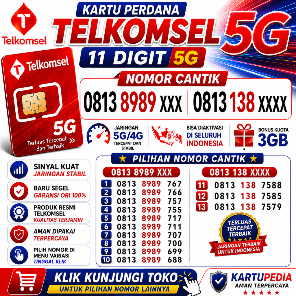 Perdana Telkomsel 3GB Free Pilihan nomor Cantik 11 Digit | 4G/5G ( KK 30 )