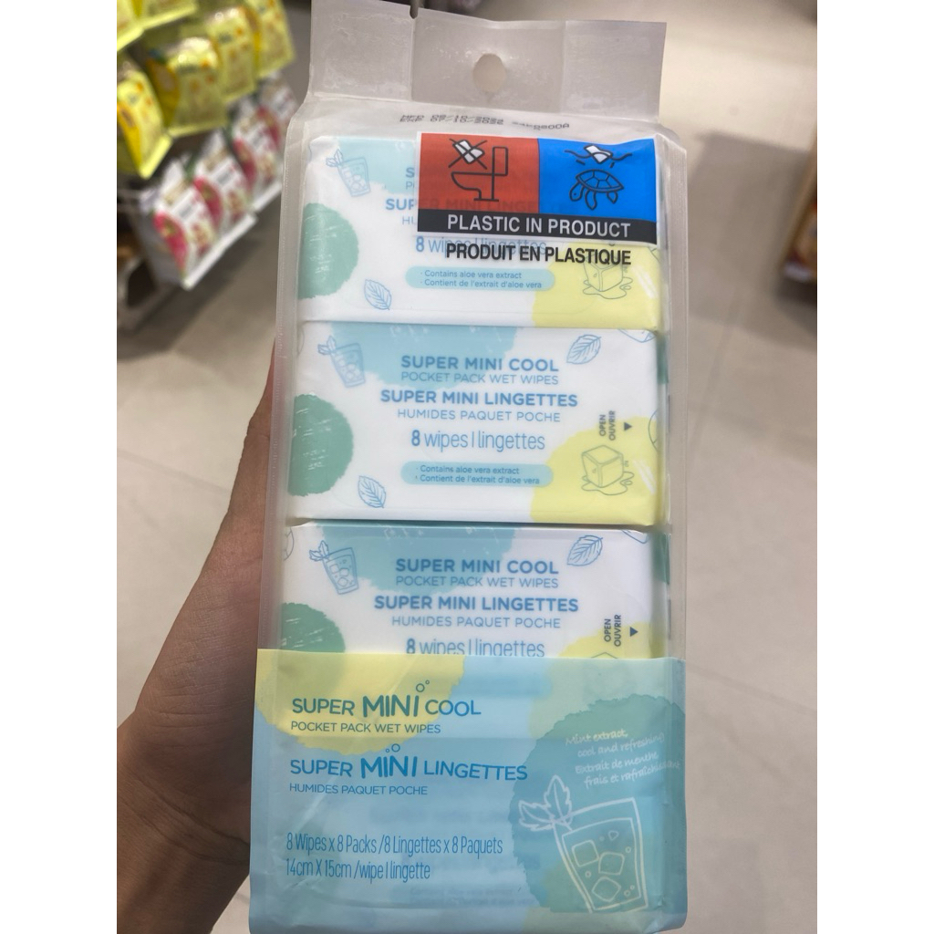 Miniso Mini Wet Wipes Super Mini Cool Pocket Pack wet wipes Mint Extract Cool & Refreshing (8 wipes 