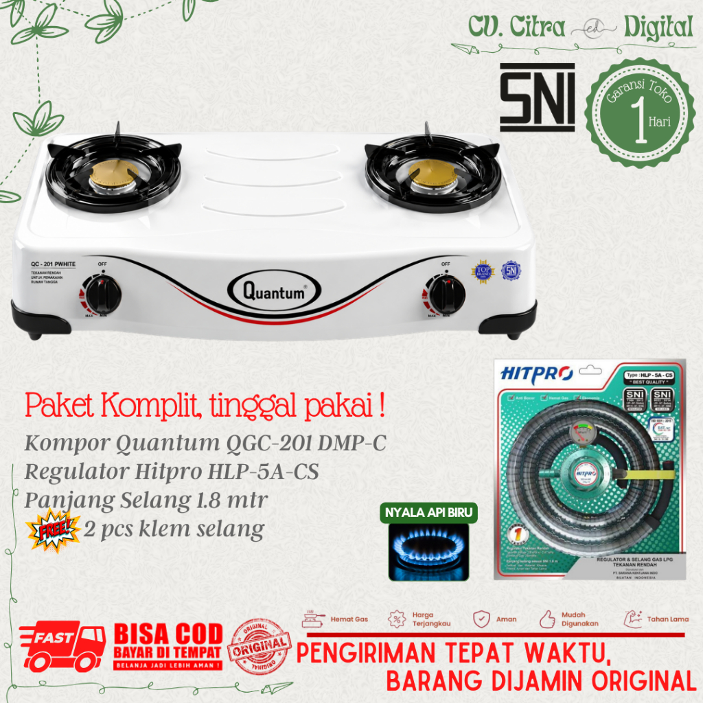 Paket Kompor Gas QUANTUM 2 tungku QGC 201 DMPC bonus Selang Regulator Gas Hitpro / QGC201DMPC