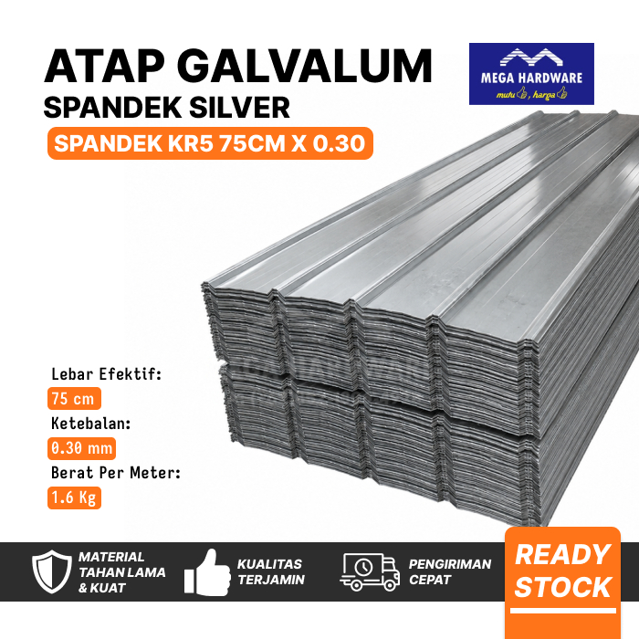 Atap Spandek Galvalum Silver KR5 Tebal 0.30, Atap Spandek 5 Gelombang Per Meter Ketebalan 0.25mm