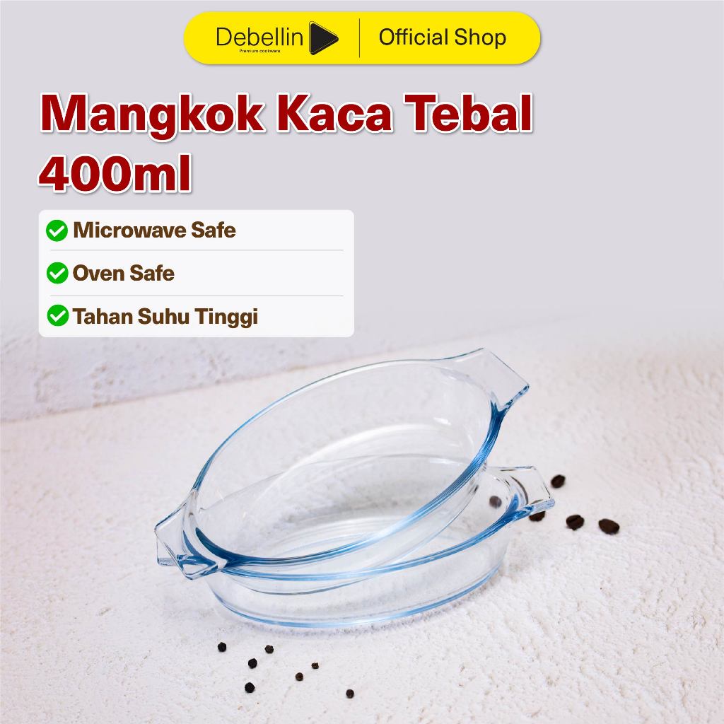 Debellin Glass Mini Oval 400ml - Mangkok Tahan Panas Bisa di Microwave & Oven - Mangkok Saji