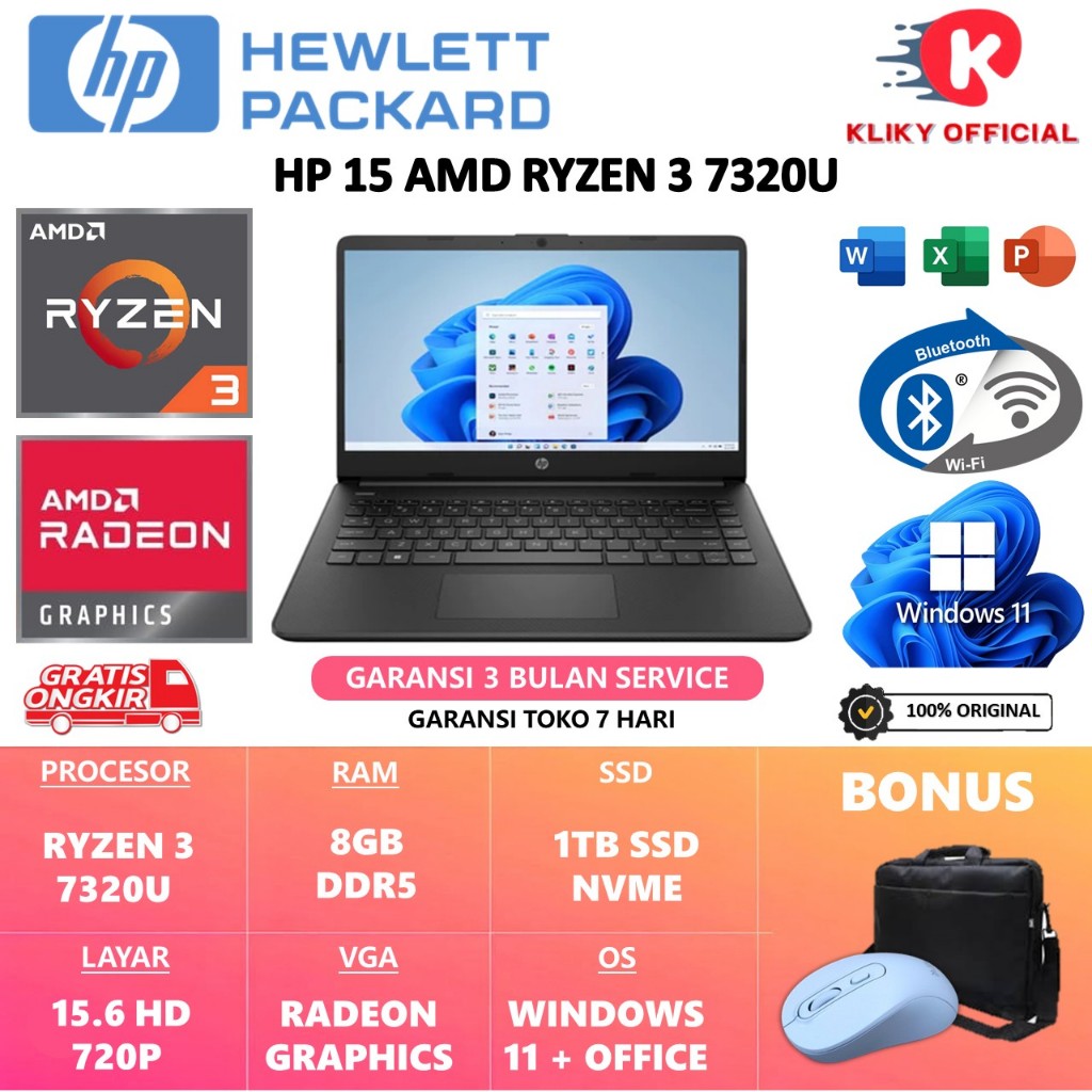 Laptop HP 15 ryzen 3 7320U ram 16GB ssd 512gb 15.6 HD Win 11 home Black